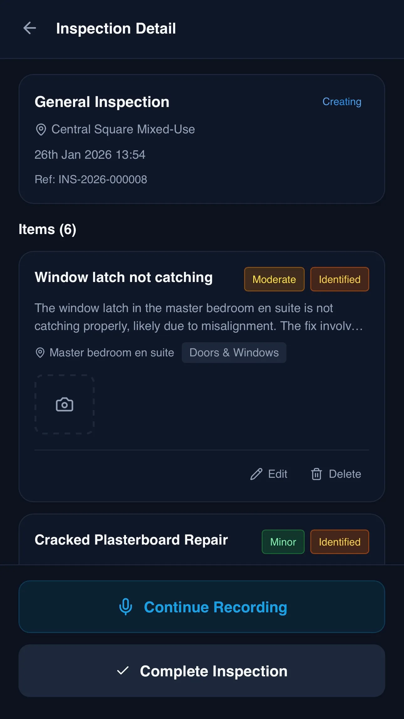 SiteVoice inspection detail with AI-extracted defect items, trade categories, severity badges, and status indicators