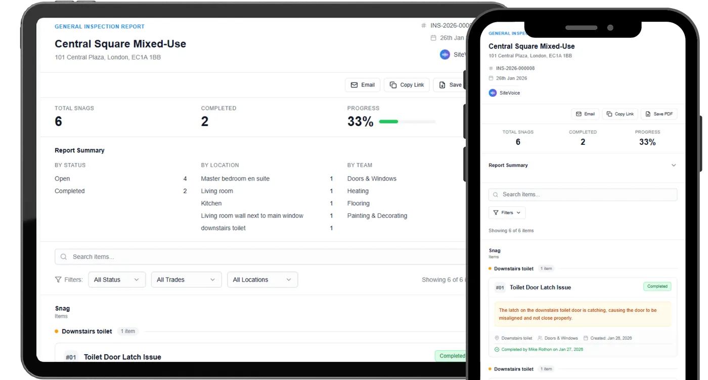 SiteVoice report on desktop and mobile showing inspection summary, defect items, and sharing options